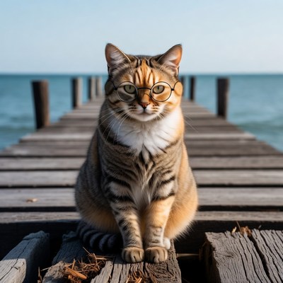 Cat wearing glasses on pier