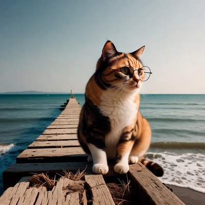 Cat with glasses on pier