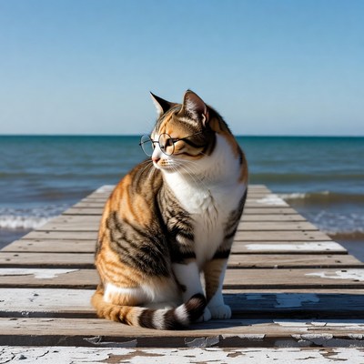 Calico cat with glasses on pier