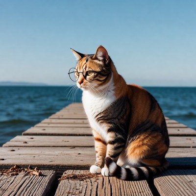 Cat with glasses on pier