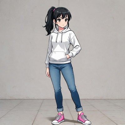 Anime girl in white hoodie and jeans