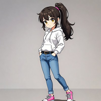 Anime girl in white hoodie and jeans