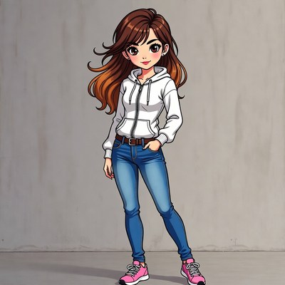 Anime girl in white hoodie and jeans