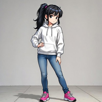 Anime girl in white hoodie and jeans
