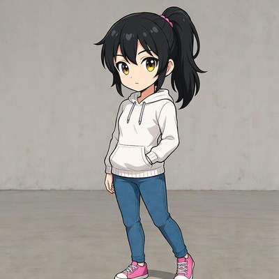 Anime girl in white hoodie and jeans