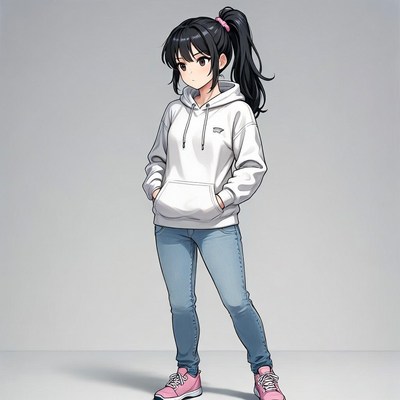 Anime girl in white hoodie and jeans