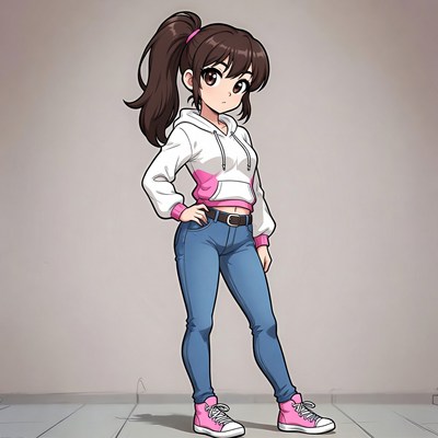 Anime girl in white hoodie and jeans