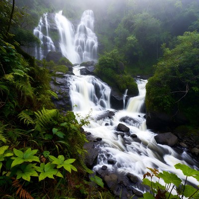 Majestic Waterfall in Misty Jungle