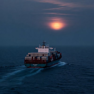Cargo Ship Sailing at Sunset