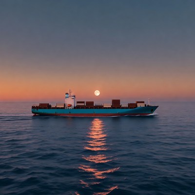 Cargo Ship Sailing at Sunset with Moon