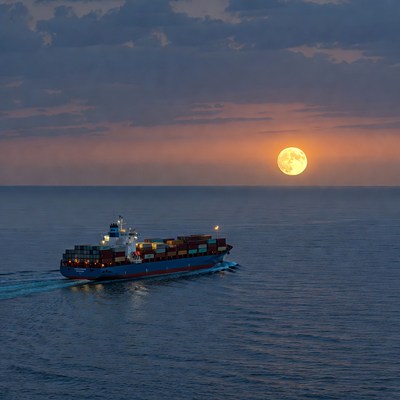 Cargo Ship Sailing Past Full Moon