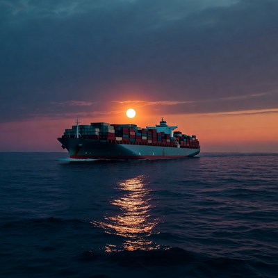Cargo Ship Sunset Ocean Voyage