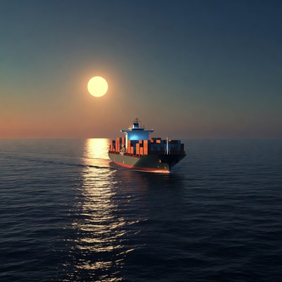 Cargo Ship Sailing Under Full Moon