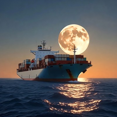 Cargo Ship Sailing Under Full Moon