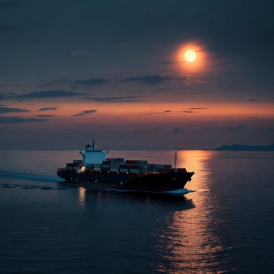 Cargo Ship Sailing at Sunset with Moon