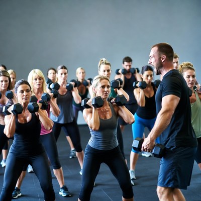 Trainer leading group dumbbell workout