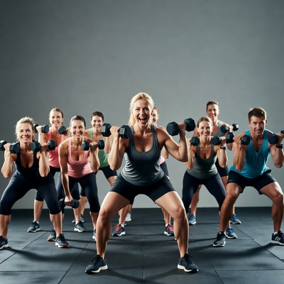Group doing dumbbell squats workout