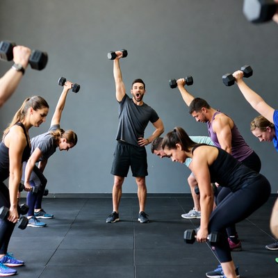 Fitness instructor leading group dumbbell workout