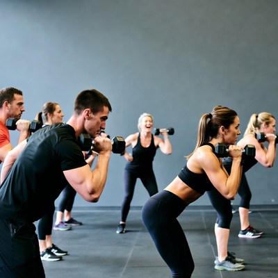 Group doing dumbbell squats in gym
