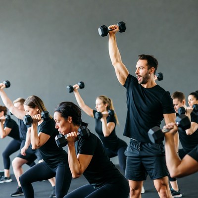 Group fitness class lifting dumbbells