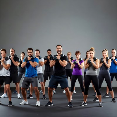 Group fitness class holding kettlebells