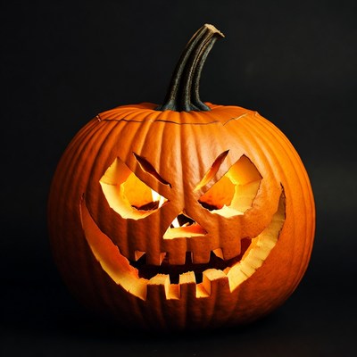 Lit Jack-o'-lantern pumpkin on black background