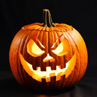 Lit Jack-o'-lantern pumpkin on black