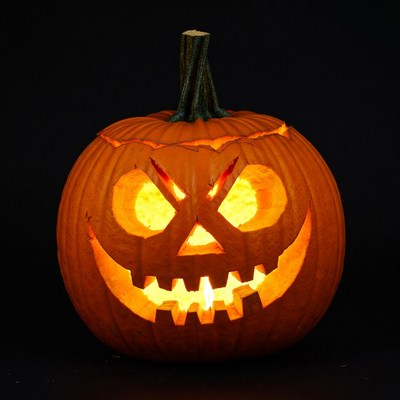Lit Jack-o'-lantern pumpkin on black background