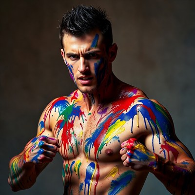 Man with colorful body paint boxing pose