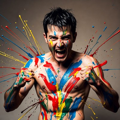 Man covered in colorful paint splatters
