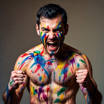 Man with colorful paint splatters yelling