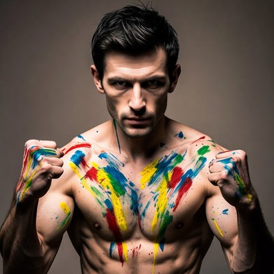 Muscular man with colorful paint splatters
