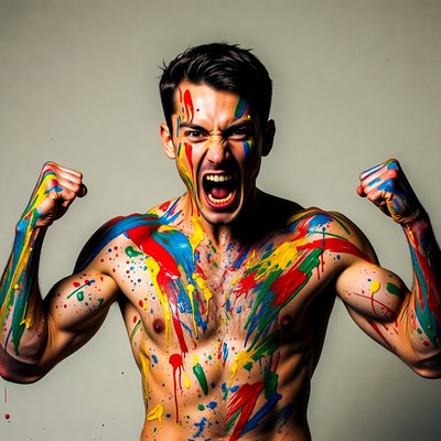 Man flexing with colorful body paint