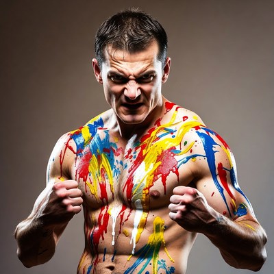 Muscular man body painted in colors boxing pose