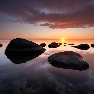 Sunset over rocks in calm water
