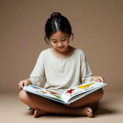 Asian girl reading colorful bird book