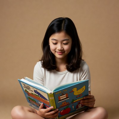 Asian girl reading picture book