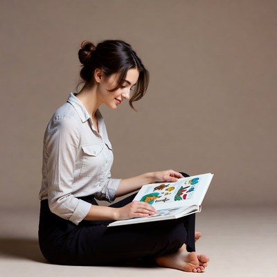 Woman reading book sitting barefoot
