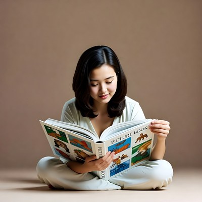 Asian woman reading picture book