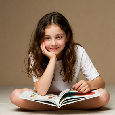 Girl reading book on floor