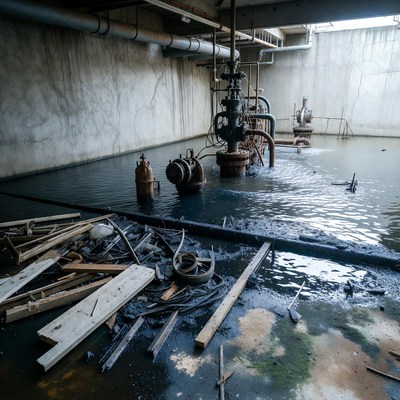 Flooded industrial room with pipes