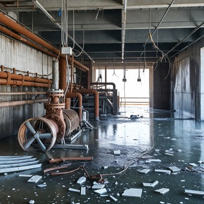 Flooded Industrial Room with Rusty Pipes