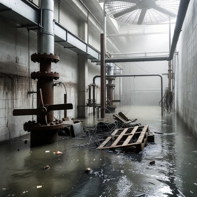 Flooded Industrial Warehouse with Pipes