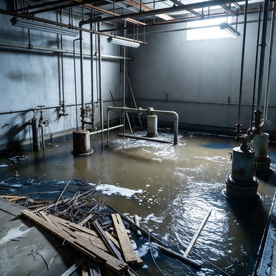 Flooded Industrial Room with Pipes