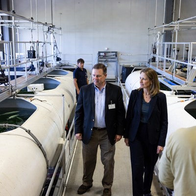 Couple walking through fish farm