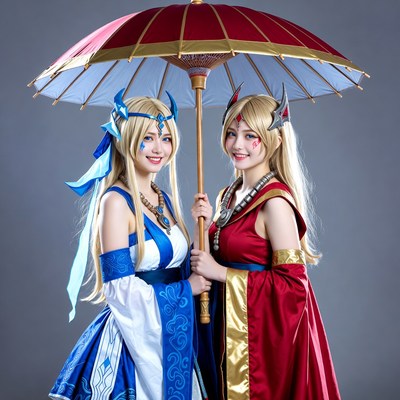 Two Asian women in blue red cosplay holding umbrella