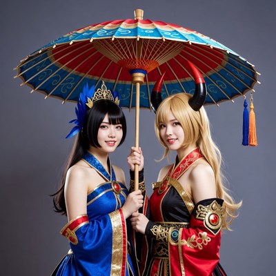 Two women holding colorful demon umbrella