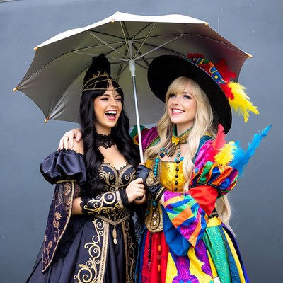 Two women in colorful Renaissance costumes