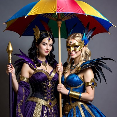 Two women holding colorful umbrella costumes