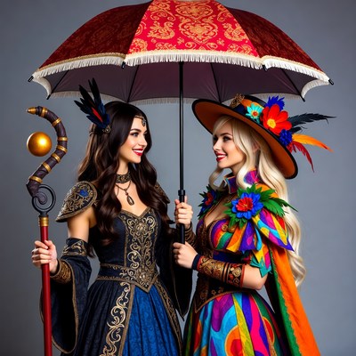 Two women in fantasy costumes with umbrellas